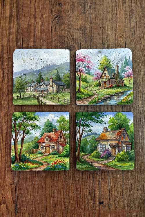 Doğal Taş Bardak Altlığı - Köy Evleri Baskılı Bardak Altlığı 10x10cm Ai Stone Coasters 578