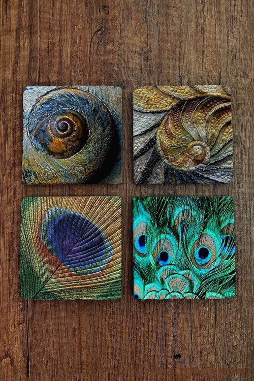 Baskılı Doğal Taş Bardak Altlığı 4'lü Set 10x10x1 Cm - Doğal Desenler - Stone Coasters