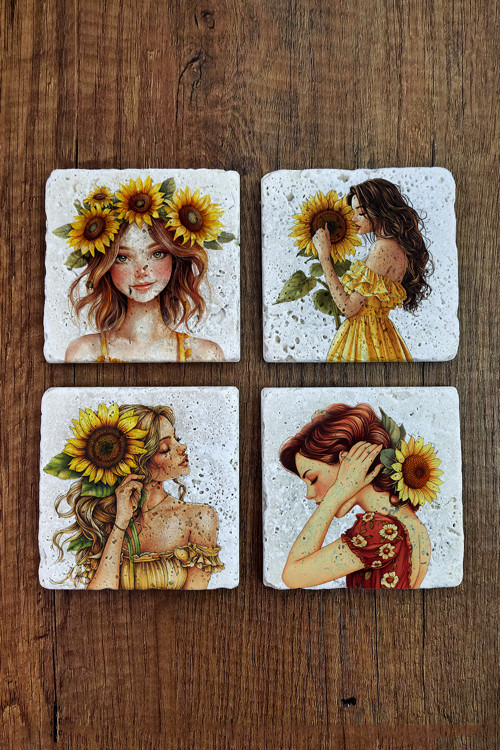 Doğal Taş Bardak Altlığı -Ayçiçeği & Kız Temalı Stone Coasters