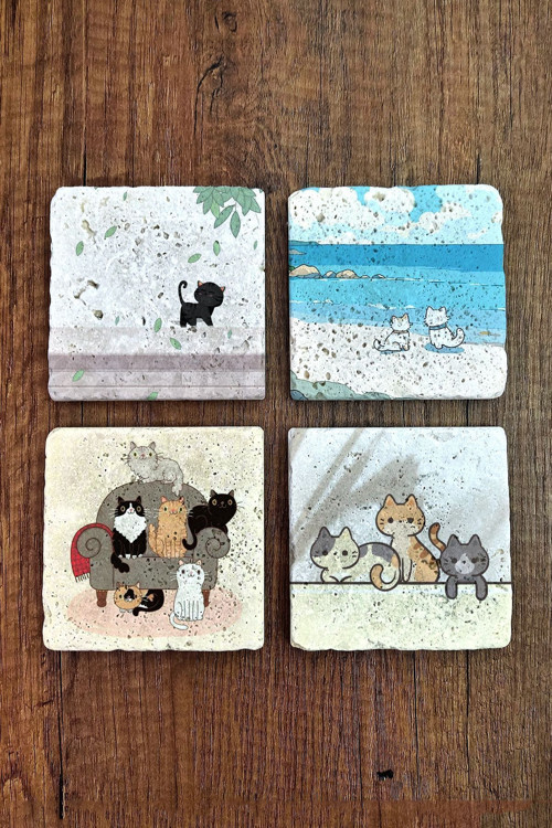 Doğal Taş Bardak Altlığı 4'lü Set 10x10x1 cm Sevimli Kediler Baskılı-Stone Coasters