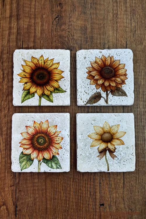 Doğal Taş Bardak Altlığı - Sarı Çiçekler Temalı 10x10cm Stone Coasters