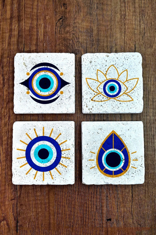 Doğal Taş Bardak Altlığı 4'lü Set 10x10x1 Cm Nazar Boncuğu Desenli Bardak Altlığı 354