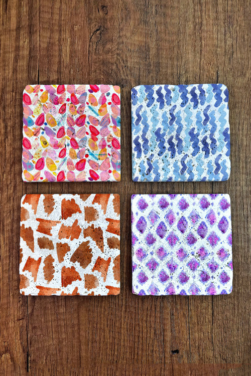 Doğal Taş Bardak Altlığı - Renkli Desenler Baskılı 10x10cm Stone Coasters