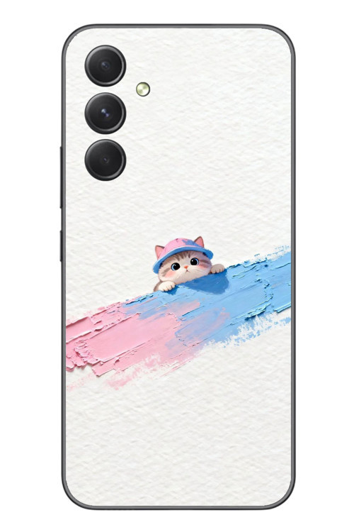 Samsung Galaxy A54 Uyumlu Pembe Mavi Kedi Baskılı Silikon Kılıf