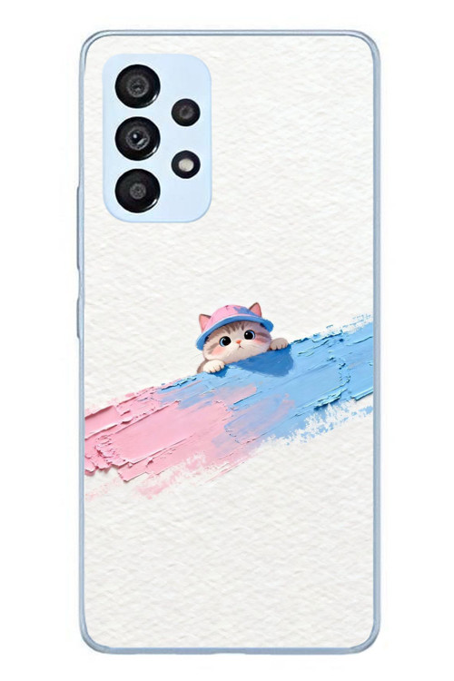 Samsung Galaxy A53 Uyumlu Pembe Mavi Kedi Baskılı Silikon Kılıf
