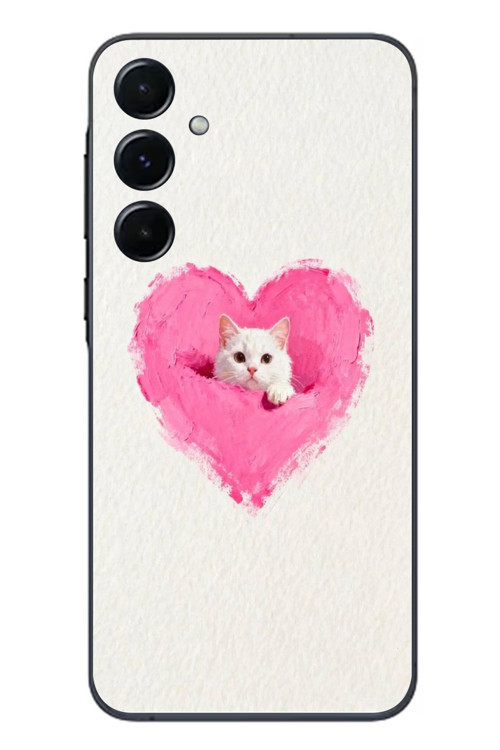 Samsung Galaxy A55 Uyumlu Pembe Kalpli Kedi Baskılı Silikon Kılıf
