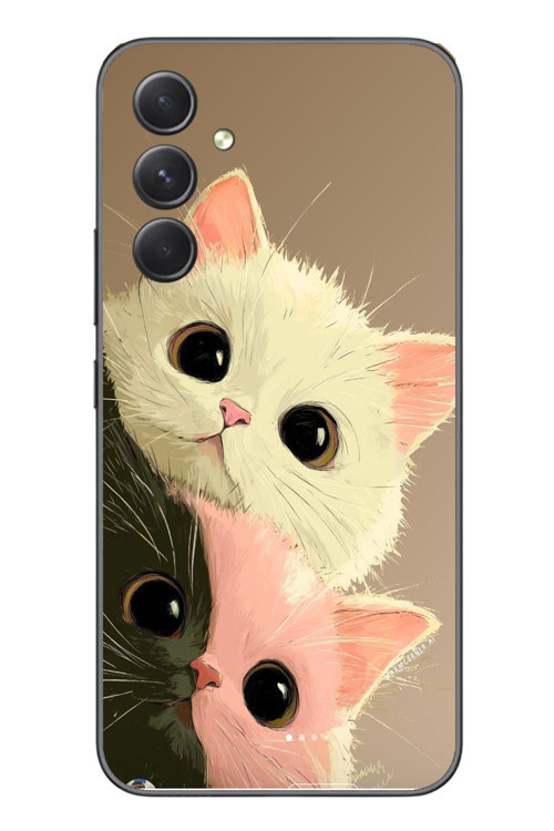 Samsung Galaxy A54 Uyumlu Pembe Siyah Beyaz Kedi Baskılı Silikon Kılıf