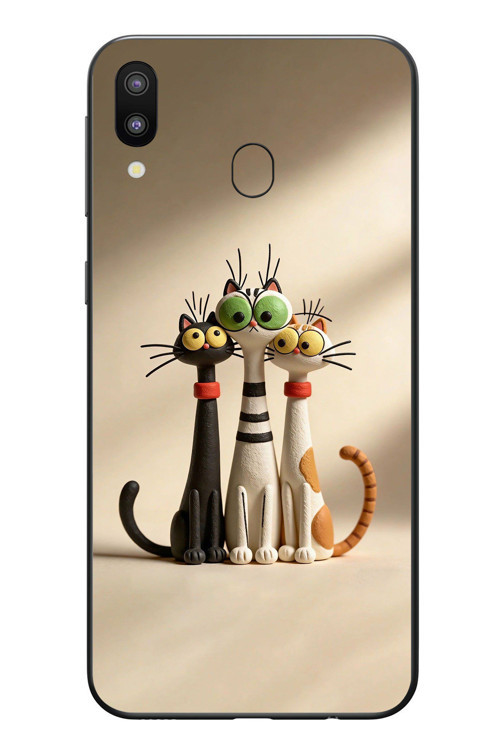 Samsung Galaxy M20 Uyumlu Neşeli Kedi Ailesi Baskılı Silikon Kılıf