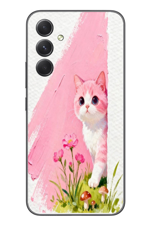 Samsung Galaxy A54 Uyumlu Pembeli Kedi Baskılı Silikon Kılıf