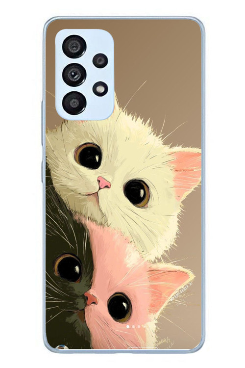 Samsung Galaxy A53 Uyumlu Pembe Siyah Beyaz Kedi Baskılı Silikon Kılıf