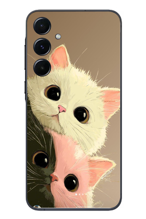 Samsung Galaxy A55 Uyumlu Pembe Siyah Beyaz Kedi Baskılı Silikon Kılıf