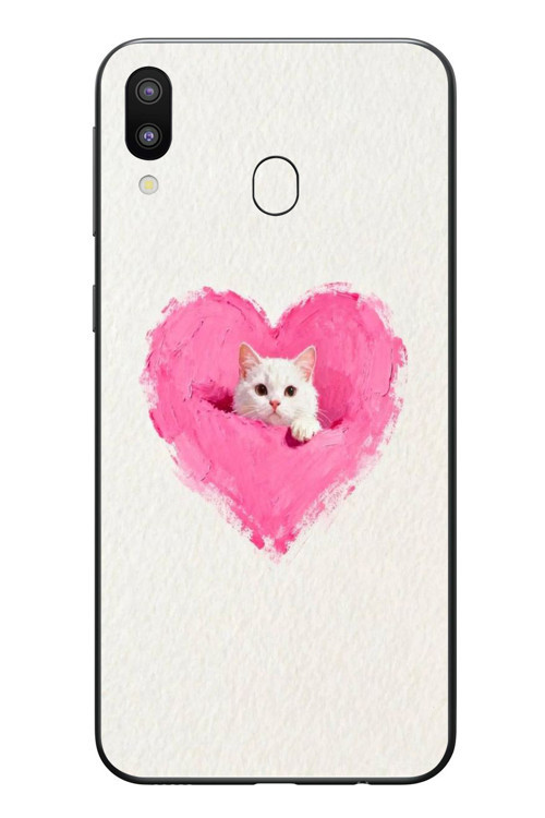 Samsung Galaxy M20 Uyumlu Pembe Kalpli Kedi Baskılı Silikon Kılıf