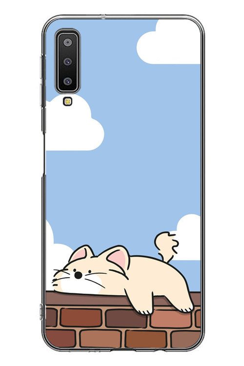 Samsung Galaxy A7 2018 Uyumlu Duvar Üstünde Kedi Baskılı Silikon Kılıf