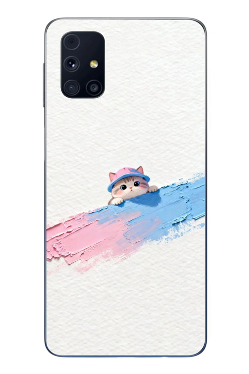 Samsung Galaxy M31s Uyumlu Pembe Mavi Kedi Baskılı Silikon Kılıf