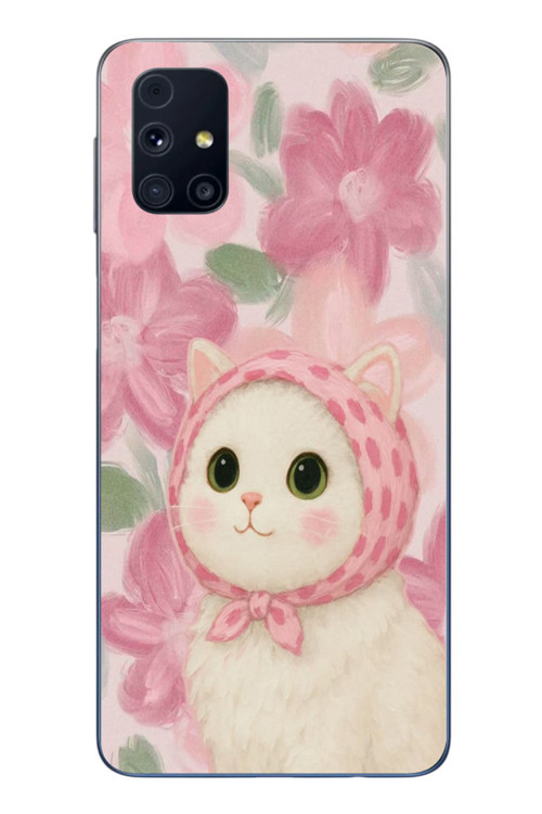 Samsung Galaxy M31s Uyumlu Pembe Örtülü Kedi Baskılı Silikon Kılıf
