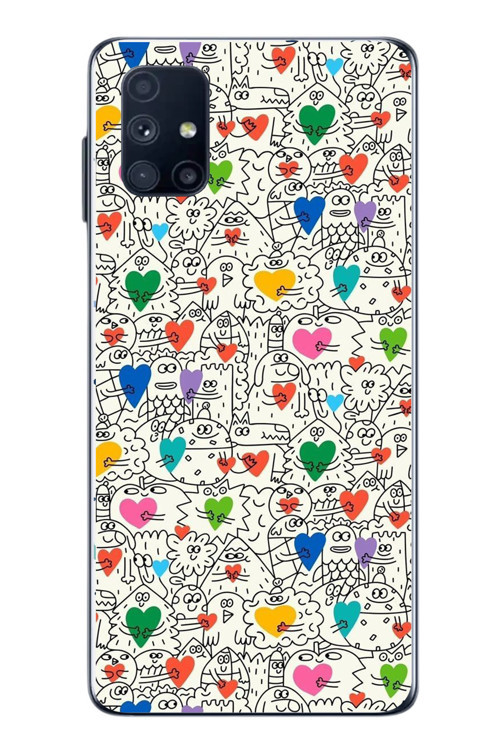 Samsung Galaxy M51 Uyumlu Kalp Çizgileri Karışık Baskılı Silikon Kılıf