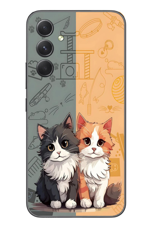 Samsung Galaxy A54 Uyumlu Sarı ve Siyah Kedi Baskılı Silikon Kılıf