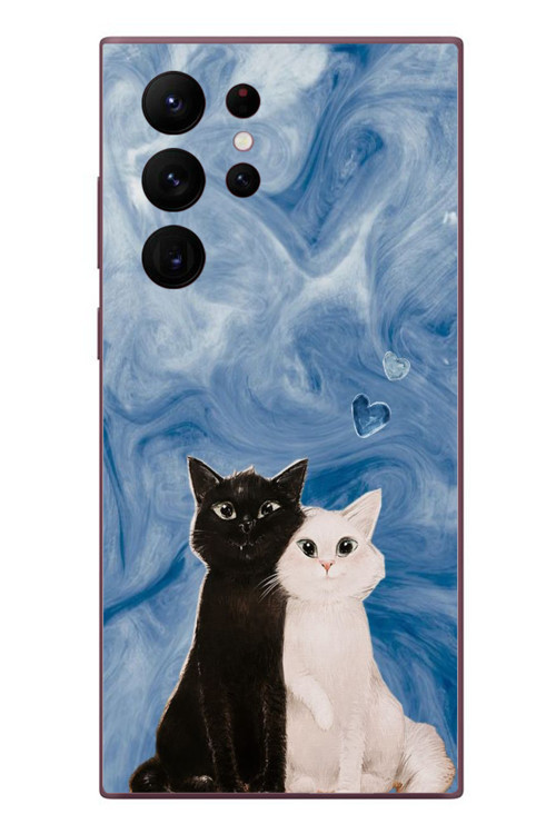 Samsung Galaxy S22 Ultra Uyumlu Siyah ve Beyaz Kedi Baskılı Silikon Kılıf