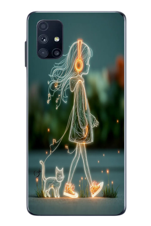 Samsung Galaxy M51 Uyumlu Kedili Neon Kız Baskılı Silikon Kılıf
