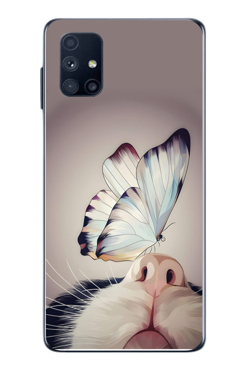 Samsung Galaxy M51 Uyumlu Kelebekli Kedi Baskılı Silikon Kılıf