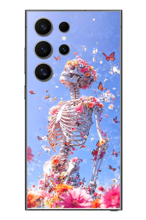 Samsung Galaxy S24 Ultra Uyumlu İskelet Çiçekleri Baskılı Silikon Kılıf