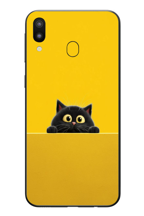 Samsung Galaxy M20 Uyumlu Sarı Gözlü Kedi Baskılı Silikon Kılıf