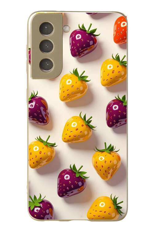Samsung Galaxy S21 FE Uyumlu Sarı Kırmızı Çilekler Baskılı Silikon Kılıf