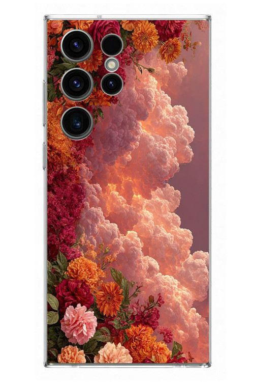 Samsung Galaxy S23 Ultra Uyumlu Güller ve Bulutlar Baskılı Silikon Kılıf