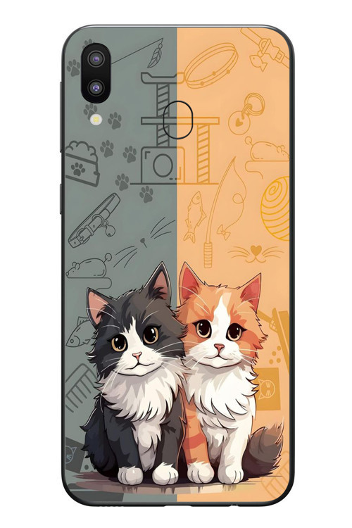 Samsung Galaxy M20 Uyumlu Sarı ve Siyah Kedi Baskılı Silikon Kılıf
