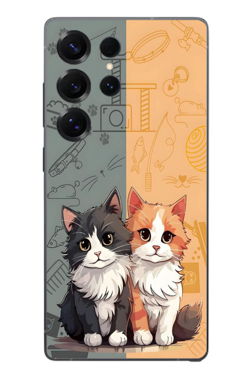 Samsung Galaxy S25 Ultra Uyumlu Sarı ve Siyah Kedi Baskılı Silikon Kılıf