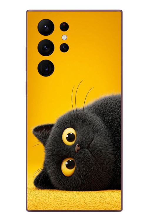 Samsung Galaxy S22 Ultra Uyumlu Yan Bakan Siyah Kedi Baskılı Silikon Kılıf