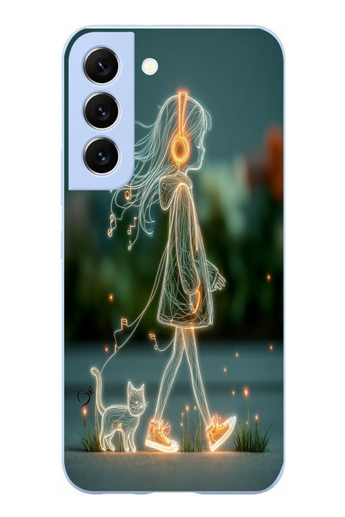 Samsung Galaxy S22 Uyumlu Kedili Neon Kız Baskılı Silikon Kılıf