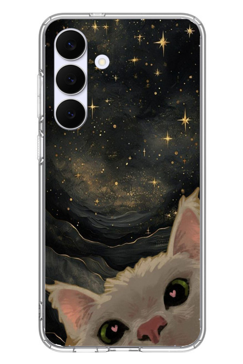 Samsung Galaxy S25 FE Uyumlu Siyah Gökyüzülü Kedi Baskılı Silikon Kılıf