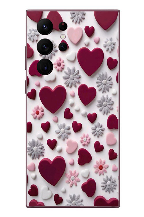 Samsung Galaxy S22 Ultra Uyumlu Kırmızı ve Pembe Kalpler Baskılı Silikon Kılıf