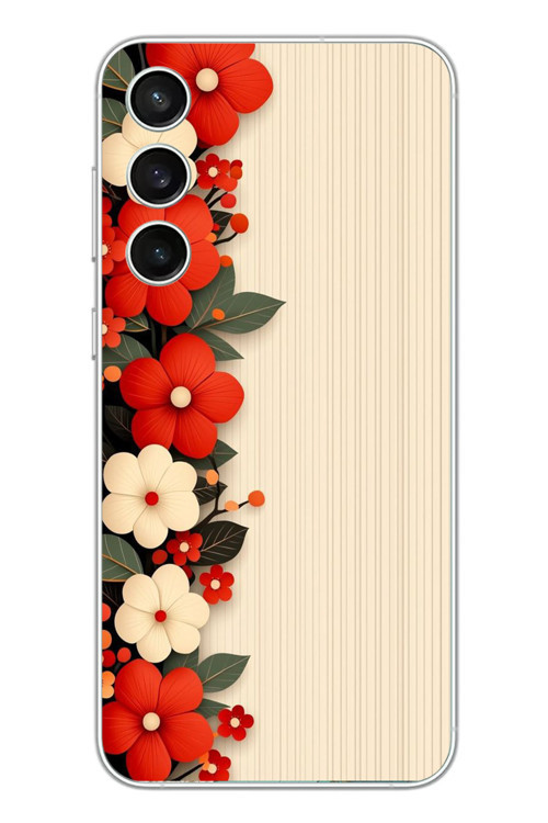 Samsung Galaxy S23 Fe Uyumlu Kırmızı Beyaz Çiçekler Baskılı Silikon Kılıf