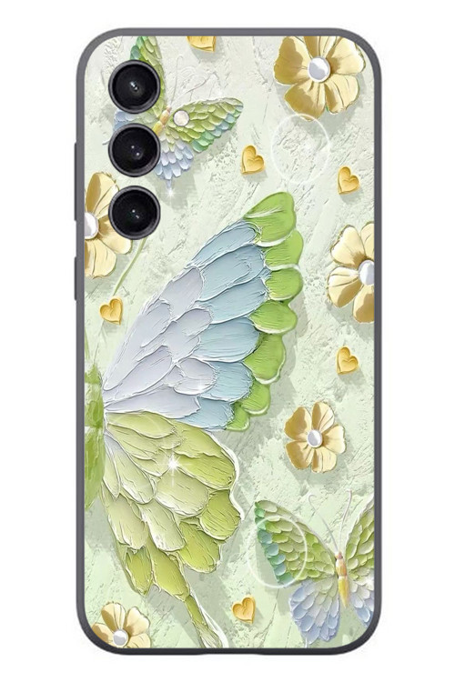 Samsung Galaxy S23 Uyumlu Yeşil Mavi Kelebek Baskılı Silikon Kılıf