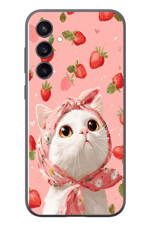 Samsung Galaxy S23 Uyumlu Örtülü Kedi Çilekli Baskılı Silikon Kılıf