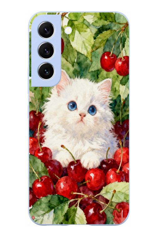 Samsung Galaxy S22 Uyumlu Kirazlı Kedi Baskılı Silikon Kılıf