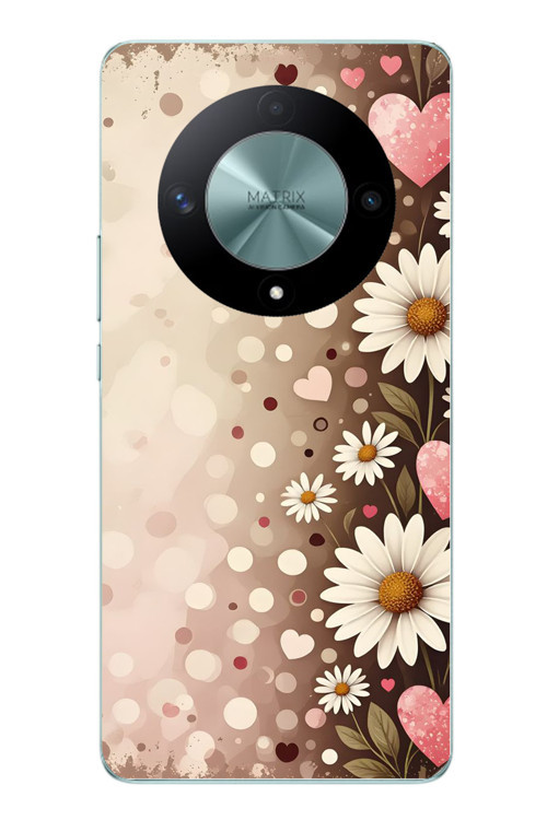 Honor X9B Uyumlu Kalpli Papatya Damlaları Baskılı Silikon Kılıf