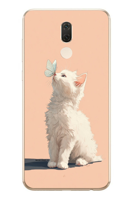 Huawei Mate 10 Lite Uyumlu Beyaz Kelebekli Kedi Baskılı Silikon Kılıf