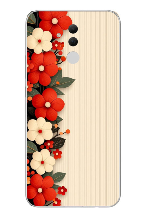 Huawei Mate 20 Lite Uyumlu Kırmızı Beyaz Çiçekler Baskılı Silikon Kılıf
