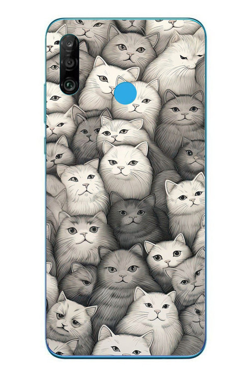 Huawei P30 Lite Uyumlu Kara Kalem Kediler Baskılı Silikon Kılıf