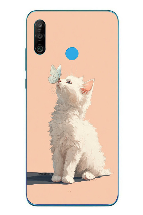 Huawei P30 Lite Uyumlu Beyaz Kelebekli Kedi Baskılı Silikon Kılıf