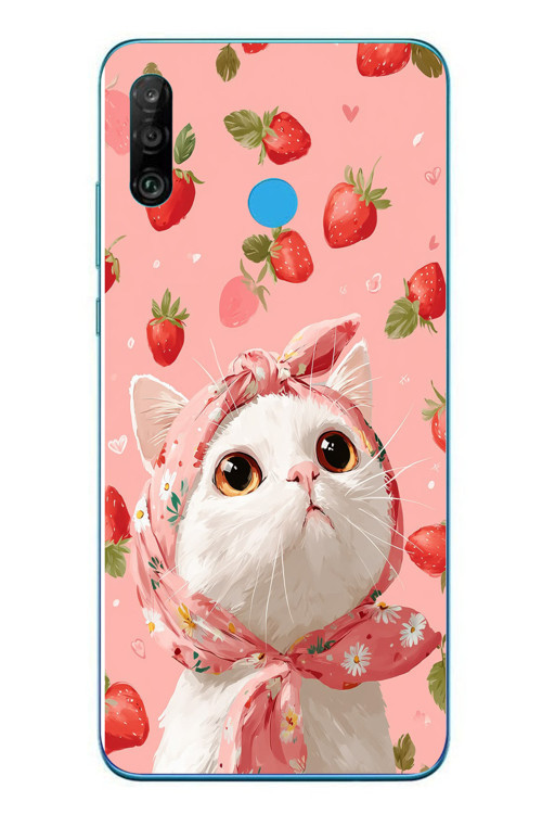 Huawei P30 Lite Uyumlu Örtülü Kedi Çilekli Baskılı Silikon Kılıf