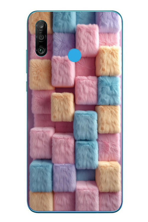 Huawei P30 Lite Uyumlu Pembe Tüylü Kareler Baskılı Silikon Kılıf