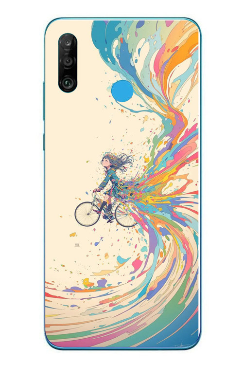 Huawei P30 Lite Uyumlu Rengarenk Bisikletli Kız Baskılı Silikon Kılıf