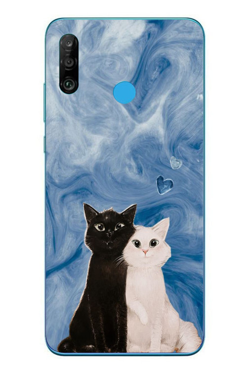 Huawei P30 Lite Uyumlu Siyah ve Beyaz Kedi Baskılı Silikon Kılıf
