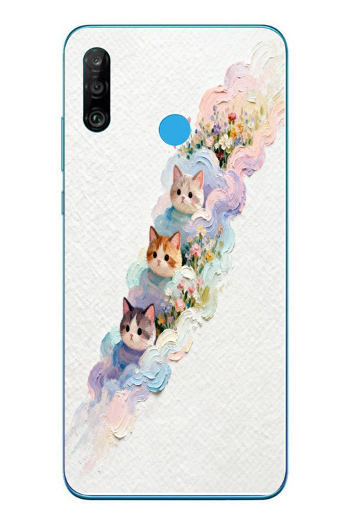 Huawei P30 Lite Uyumlu Yağlı Boya Kediler Baskılı Silikon Kılıf