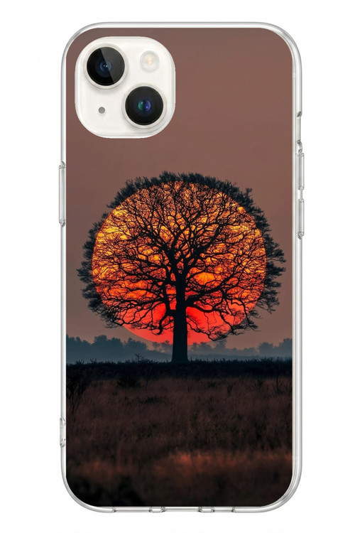 İphone 13/14 Uyumlu Güneşe Denk Gelen Ağaç Baskılı Silikon Kılıf
