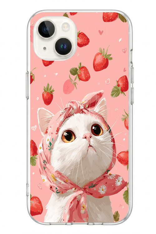 İphone 13/14 Uyumlu Örtülü Kedi Çilekli Baskılı Silikon Kılıf